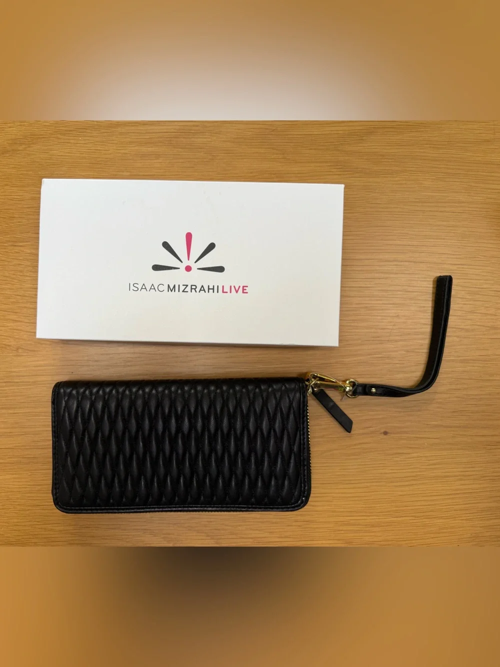 Isaac Mizrahi Black Leather Quilted Wristlet Card & Key Holder BN with Box